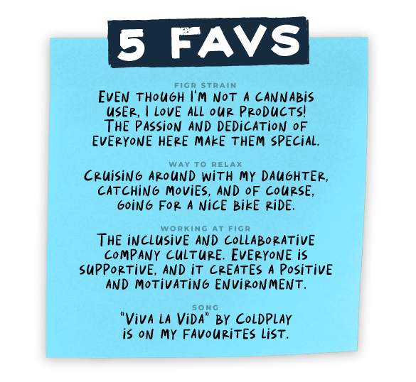 blue sticky note  Isabel 5 favs FIGR STRAIN Even though I'm not a cannabis user I love all our products! The passion and dedication of everyone here make them special  WAY TO RELAX Cruising around with my daughter catching movies and of course going for a nice bike ride  WORKING AT FIGR The inclusive and collaborative company culture Everyone is supportive and it creates a positive and motivating environment  SONG Viva la Vida by Coldplay is on my favourites list