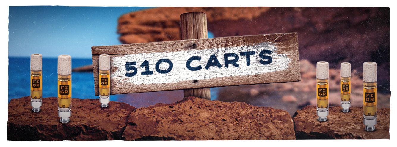A serene PEI beach scene featuring vape carts on rocks and a wooden sign reading "510 carts."